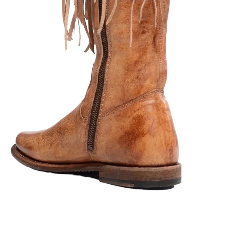 BED STU Hoplia Tan Driftwood Fringe Trim Riding Boots Size 7.5